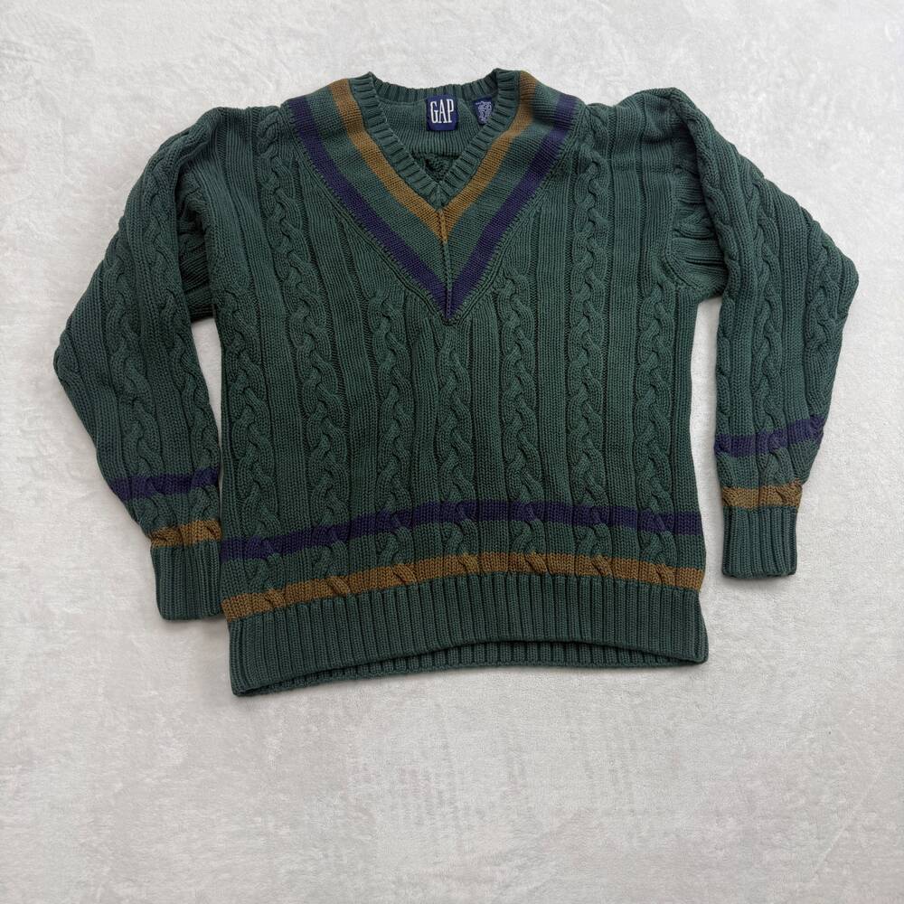 Gap Men's V-Neck Cable Knit Sweater Green Size XL Vintage 90s Cotton Striped